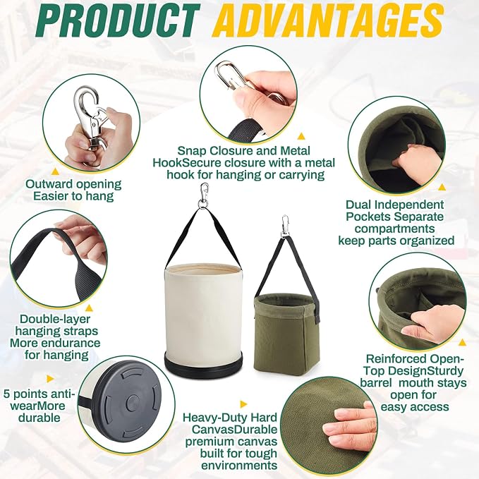 2 Pcs Lineman Canvas Tool Bucket Set Large Canvas Bucket and Mini Tapered Bottom Bag Electrician Aerial Work Tool Organizer with Plastic Bottom & Metal Hook