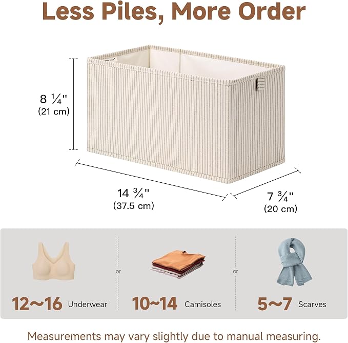 StorageWorks Fabric Storage Bins, Narrow Baskets for Storage, Small Baskets for Organizing with PU Handle, Suitable for Clothes, Books, and Toys, Khaki Stripe, 4-Pack
