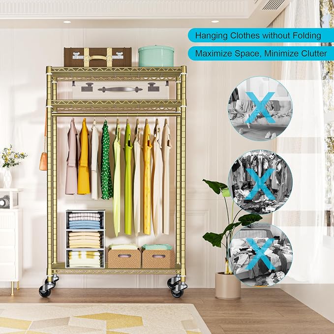 FUTASSI P3 Rolling Clothes Rack, Clothing Racks for Hanging Clothes, Heavy Duty Garment Rack with Wheels, Freestanding Portable Closet Racks 39.4'' W x 14'' D x 78.5'' H, Max Load 470 LBS, Gold