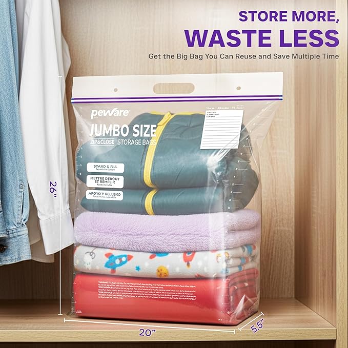 10 Gallon Heavy Duty Large Storage Bags with Handle, Big Zip Seal Top Bags, 6 Mil Extra Thick Clear Big Plastic Resealable Zip Poly Bags for Home Moving, Travel, Camping, 20" x 26", Pack 10