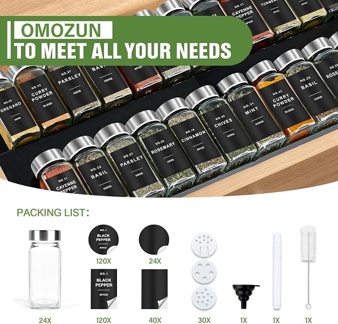 Spice Jars with Label, 24pcs 4oz Glass Spice Jars with Stainless Steel Lids, Square Spice Containers with 304 Labels and Shaker Inserts, Empty Seasoning Bottles for Drawer, Cabinet, Organizer