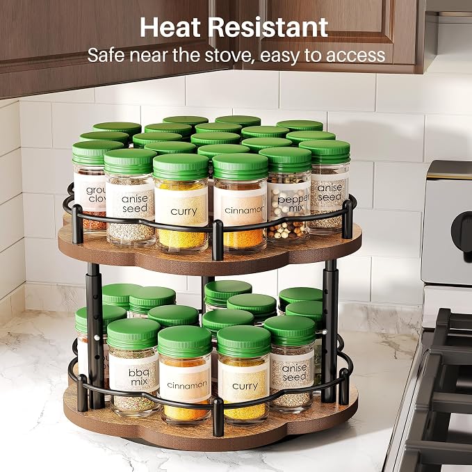 Spice Rack Lazy Susan Organizer for Cabinet, Rotating Spice Organization 2 Tier Adjustable Lazy Susan Turntable Spice Cabinet Organizer for Kitchen Countertop & Pantry, Wood 10 Inch Seasoning Storage