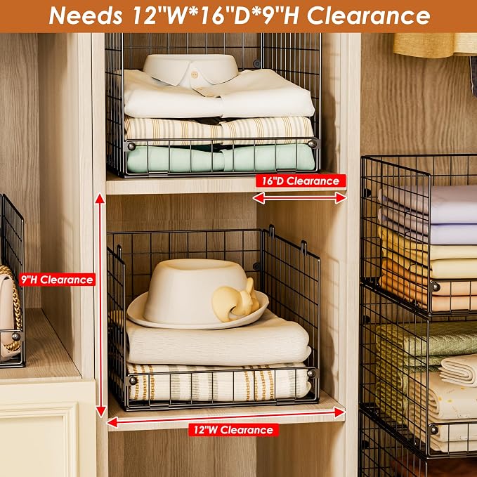 4-Tier Stackable Closet Organizers and Storage Shelves, Foldable Closet Shelf Organizer System, Stackable Storage Bins Drawers for Closet Organizer System, Black(Patent 30022416, 15.7"x11.8"x34.64")