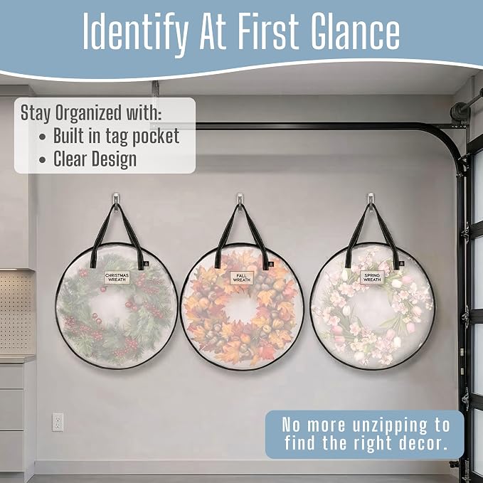 VENO 4 Pack Summer Wreath Storage Container, 30 Inch Clear Wreath Bag, Spring, Christmas Garland Decoration Organizers with Zipper and Durable Handles (Clear, 30"-4 Pack)