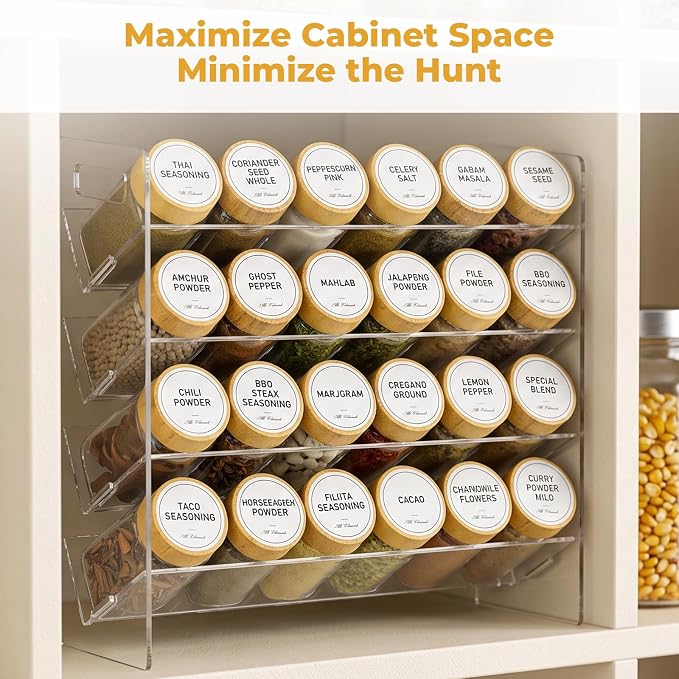 4-Tier Acrylic Spice Rack Organizer with 24 Glass Spice Jars and Wooden Lids, Clear Spice Shelf for Cabinet, Countertop, Pantry, Easy Assembly Seasoning Holder, Compact 11.6" W x 11.4" H