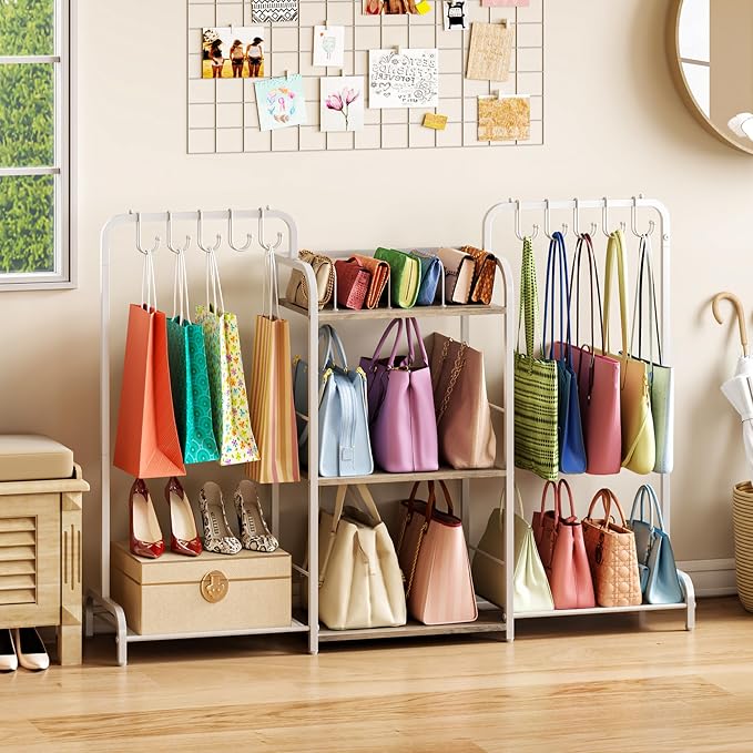 Purse Organizer with 2 Purse Hangers for Purse Storage, High-Capacity Handbag Organizer with 10 Adjustable Hooks and 3 Dividers, Purse Holder for Closet System, Purse Rack Stand for Bag Organization