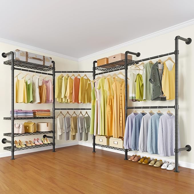 Timate L4 L Shape Garment Rack Heavy Duty Clothes Racks for Hanging Clothes, Expandable Industrial Pipe Clothing Rack Wall Mounted Closet Racks Wardrobe Closet Kit Corner Closet System, Black