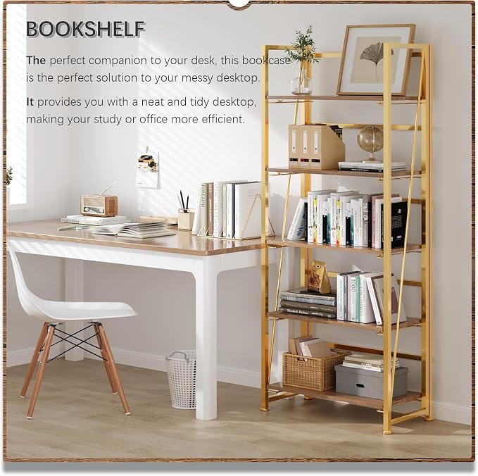 4NM No Assembly Folding Bookshelf, 5-Shelf 62.2" H Collapsible Foldable Bookcase Storage for Small Spaces, Brown and Golden