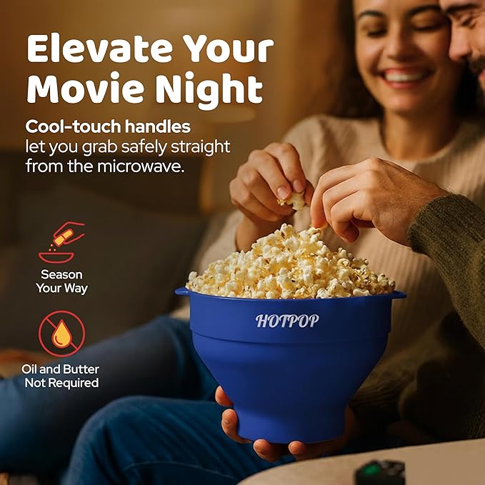 The Original Hotpop Microwave Popcorn Popper, Silicone Popcorn Maker, Collapsible Bowl BPA-Free and Dishwasher Safe- 20 Colors Available (Blue)