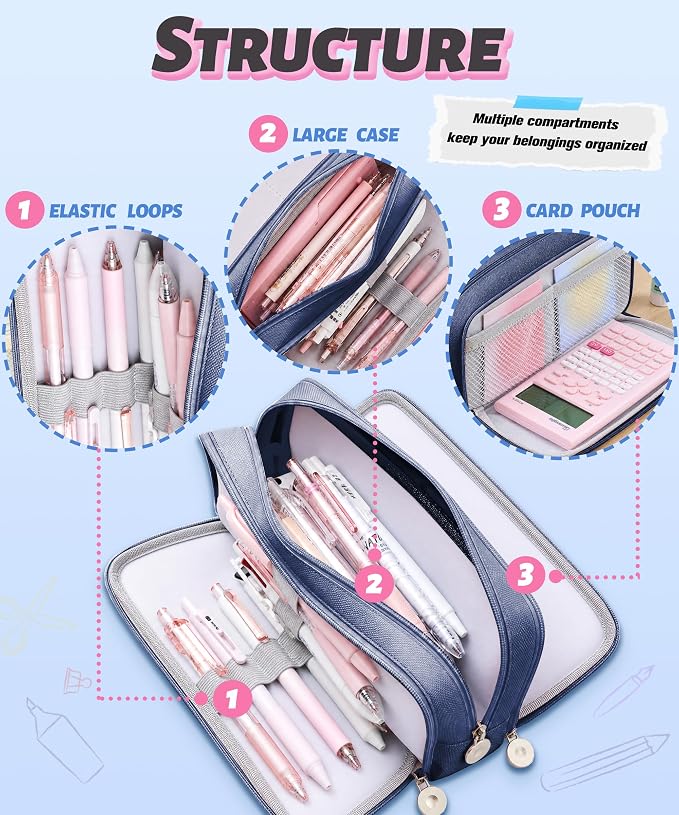 FAHZON Cute Pencil Case, 3 Large Compartments Pencil Pouch, Elastic Pen Slots&Mesh Pockets for Stationery, Pencil Bag for School Supplies with Zipper for Girls Boy Women Teens Adults-NavyBlue