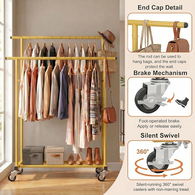 Calmootey Rolling Garment Rack with 2 Rods, Clothes Organizer for Bedroom | High-Low Rods, Two Lockable Wheels, Sturdy Metal Frame, Space-Saving, Fits Laundry, Living Room, Gold
