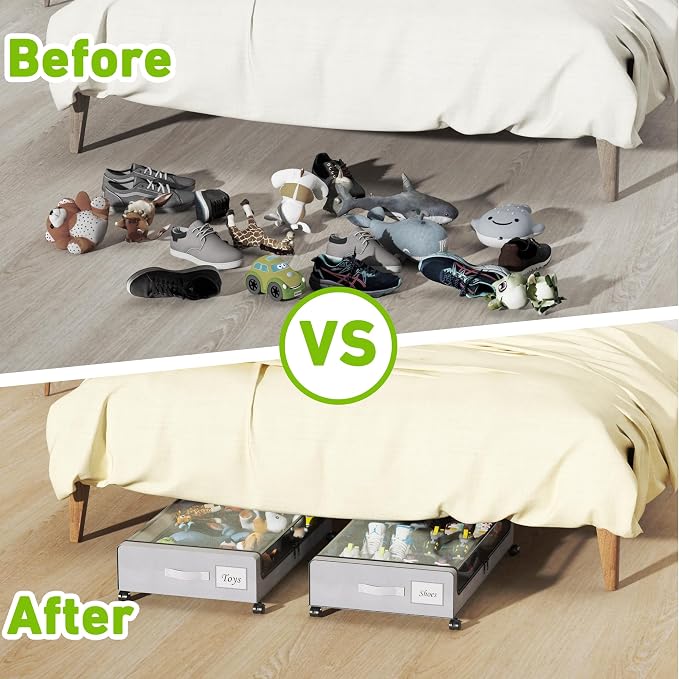 Tututry Under Bed Storage with Wheels, XXL 60L Under the Bed Storage Bins, Underbed Storage Containers with Lids & Label, Rolling Metal Drawer for Shoes, Clothes, Books, Toys (2-Pack Gray)