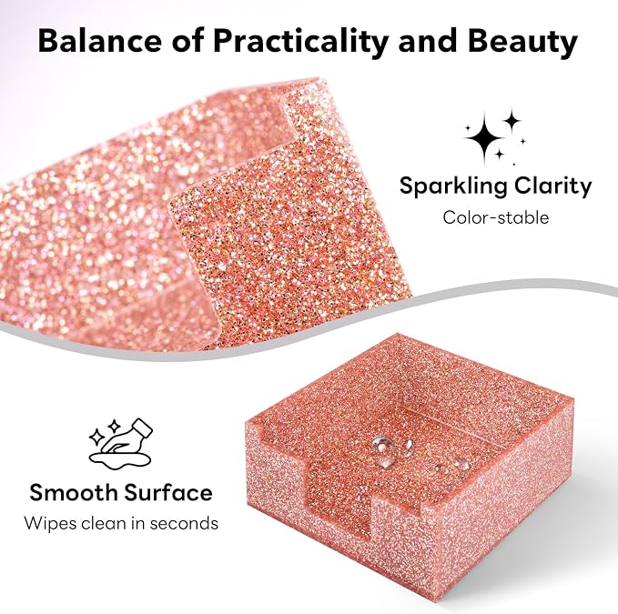 Acrylic Sticky Note Holder 4x4in Tray for Desk, Light Pink Glitter | Sparkling glitter acrylic tray, fits 3x3 sticky notes, compact organizer for office school and home