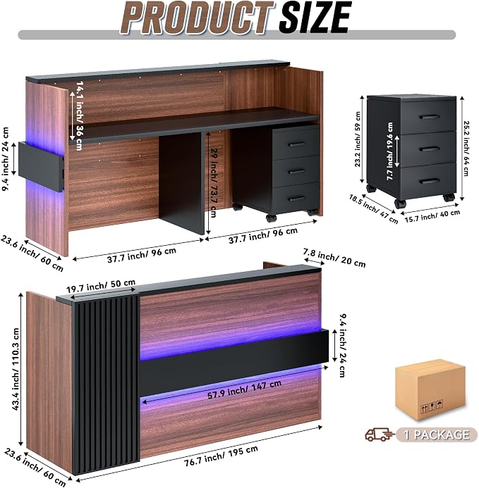 Ceridwen L‑Shaped Reception Desk with LED Ambient Lights & Mobile File Cabinet, Modern Black & Brown Front Desk Reception Counter with Lockable Drawers for Office, Salon & Retail