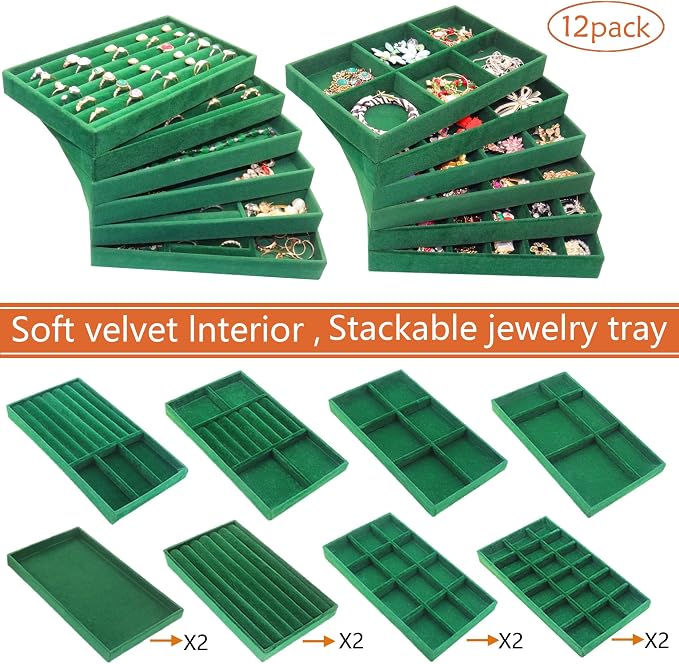 Velvet Jewelry Tray 12 Set Stackable Jewelry Organizer Trays for Drawers Rings Earrings Necklaces Bracelet Watch Display Case