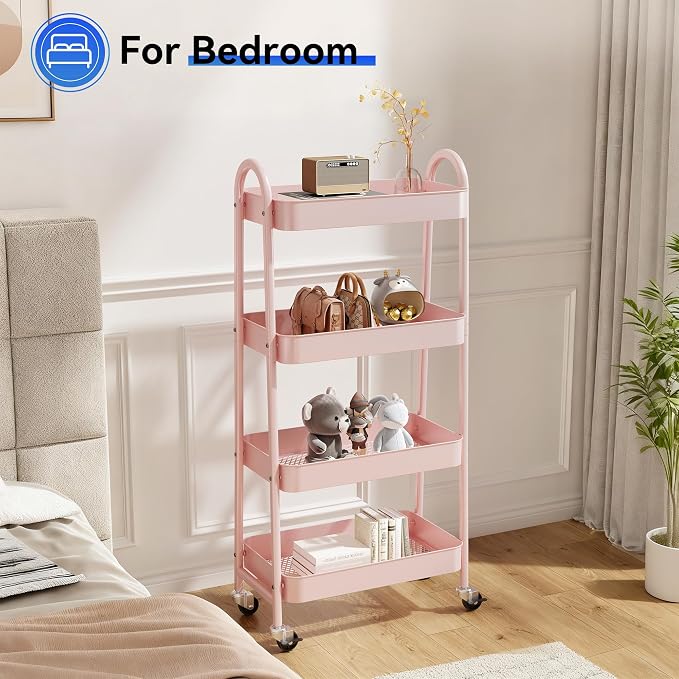 NEWBULIG 4-Tier Metal Rolling Storage Cart, Heavy Duty Mobile Utility Organizer Shelf with Lockable Wheels, Multifunctional Trolley for Daily Supplies, Home Indoor Daily Use, Pink