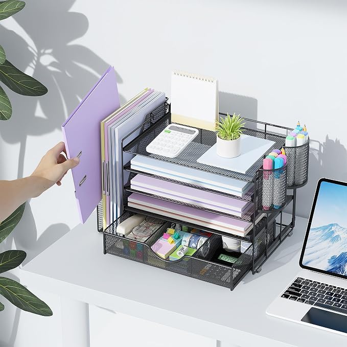 gianotter 5-Tier Desk Organizer with Drawers, File Holders, Letter Trays and Pen Holders - Workspace Accessories for Office Supplies (Black)