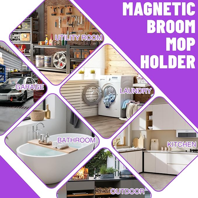 Magnetic Broom Holder Wall Mount - Heavy Duty Non-Slip Mop Hanger with 4 Hooks And 3 Rack, No Drill Tool Organizer for Refrigerator,Garage,Laundry Room (Black, 3Racks 4Hooks)