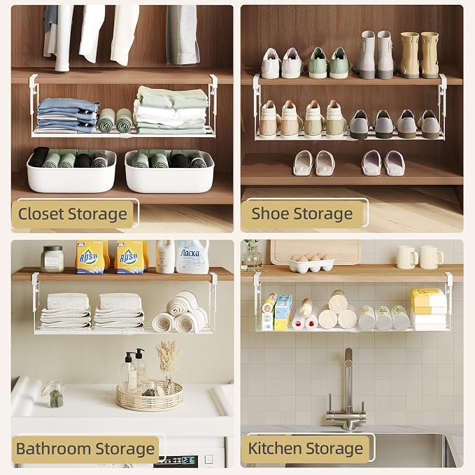 Expandable Shoe Rack Organizer for Cabinet, Adjustable Hanging Under Shelf Storage, Sturdy Round Tube Design, Space Saving Shoe Shelf for Closet, Entryway, Laundry Room, White