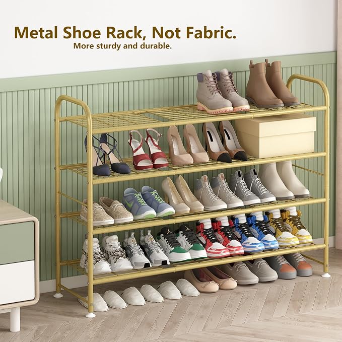 LINZINAR 4 Tier Long Shoe Rack for Closet Metal Shoe Organizer for Entryway | Spacious design stores 25+ pairs of shoes,durable metal frame,space-saving organizer for closet, hallway, and Entryway Gold