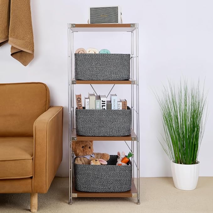 MiniArk Large Storage Baskets for Organizing, 17 x 13 x 7.5” Closet Shelf Baskets for Clothes Blanket Towels, Baby Nursery, Toy Bins Box, Woven Rope Baskets, 4 Packs Dark Gray