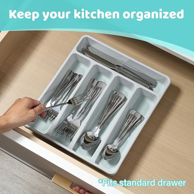 shopwithgreen Silverware Organizer with Cutlery Icons，Silverware Tray for Kitchen Drawer，Plastic Flatware Drawer Organizer Utensil Organizer with Non-slip TPR Linings，5-Compartment Silverware Caddy