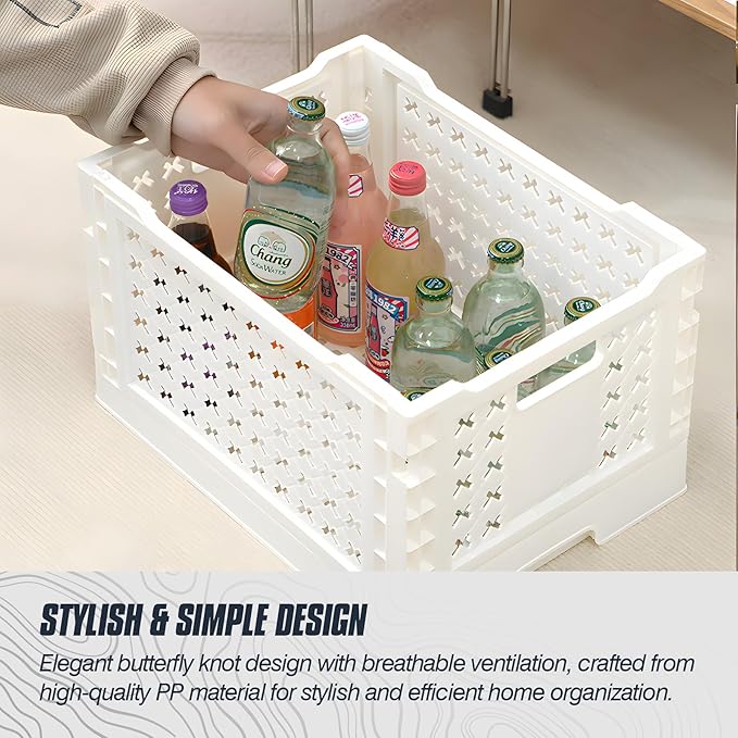 Domiella 2-Pack Foldable High-Strength PP Ventilated Baskets - 25L Collapsible Storage Bins for Kitchen, Camping, Office & Home, Wear Resist Indoor Outdoor Organizer, Large White