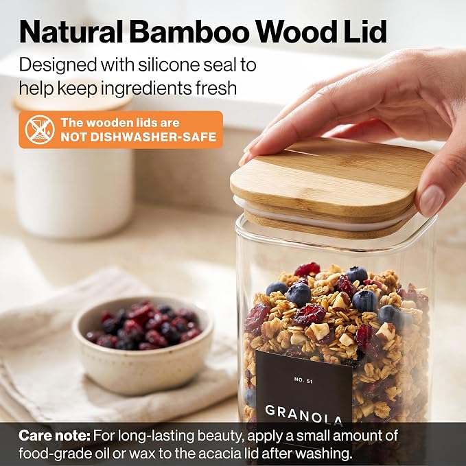 Glass Pantry Storage Jars Containers with Bamboo Lids and Labels - Set of 5 | Extra Thick Square Glass Canisters with Bamboo Wood Lids and 54 Pre-printed Pantry Labels keeps dry Goods Fresh and Organized