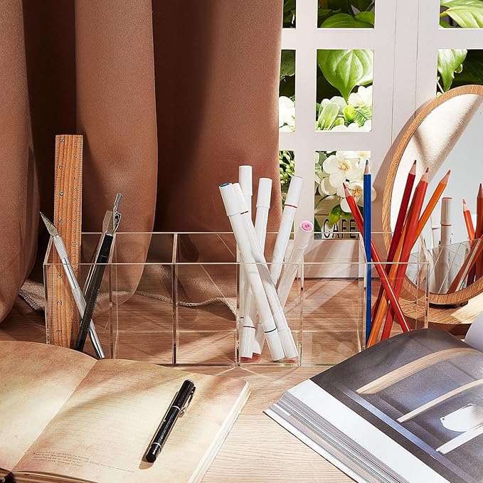 Jetec 6 Compartments Acrylic Pen Holder, Pencil Makeup Brush Holder(Clear) | Stationery Organizer Pencil Holder, Office Supplies, Clear, Acrylic, Desk Accessory Cosmetic Brush Countertop Desk Home