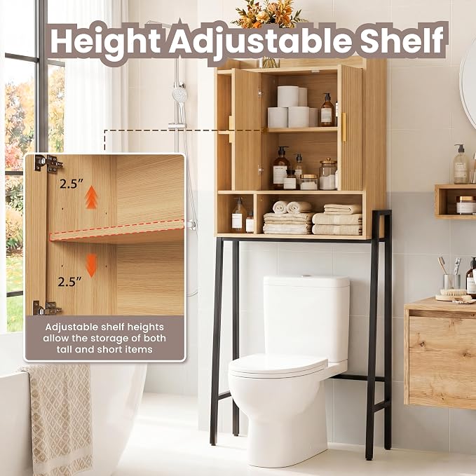 31" W Over The Toilet Storage Cabinet with Fluted Door,Bathroom Organizers and Storage with Adjustable Shelves, Mordern Over Toilet Organizer for Bathroom,Restroom,Laundry,Oak