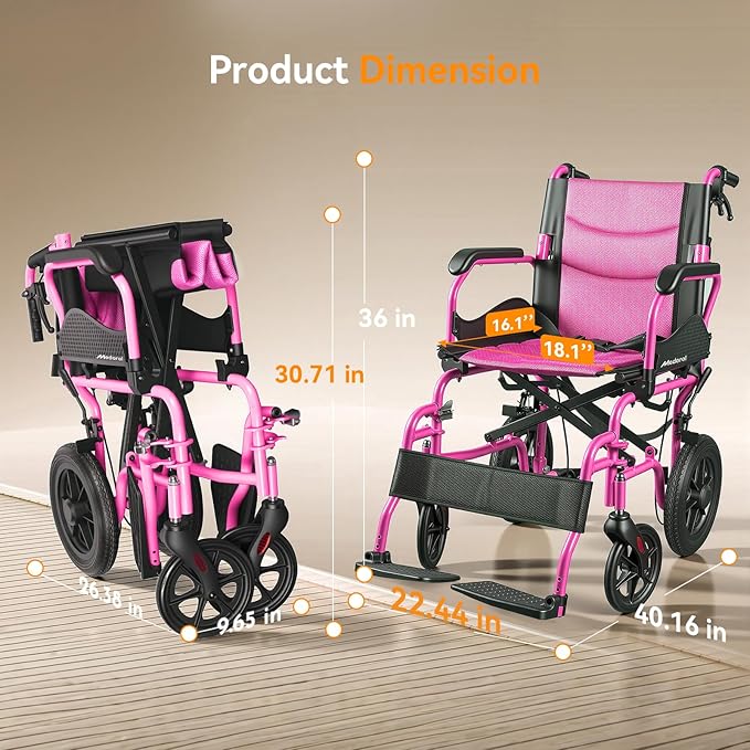 Lightweight Transport Wheelchair for Adults, Versatile Transport Wheel Chair, Supports 300 lbs, Self-Braking, Foldable & Portable, for Seniors, Elderly and Disabled