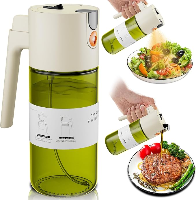 LAKUMIQI 2 in 1 Oil Sprayer & Dispenser, 17 oz Light-Blocking Glass Bottle | Large Capacity, Wide-Mouth for Easy Pouring and Cleaning, Leak-Proof Oil Bottle with Stickers for Salads, Air Fryers, BBQ