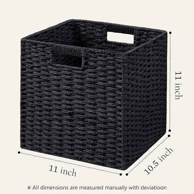 UBBCARE 4 Pack Wicker Basket, 11L×11H×10.5W inch Woven Paper Rope Storage Baskets for Shelves, Foldable Cube Storage bin with Handle, Storage Basket for Organizing & Decor, Black