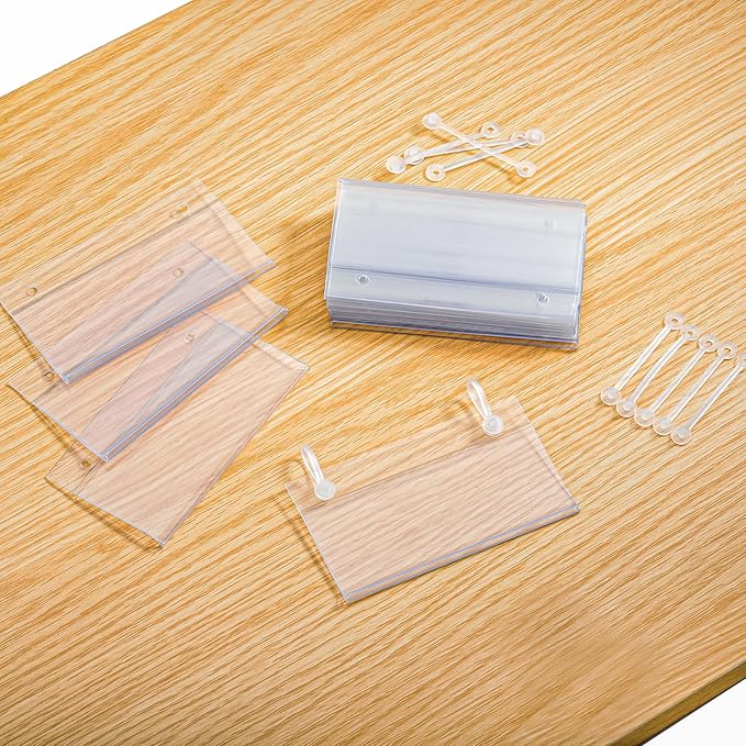 Elsjoy 100 Pack Plastic Wire Shelf Label Holders, 4" x 2.3" Clear Price Tag Holder Sign & Ticket Holder with Double Snap Lock Closure, Reusable Basket Label Holders for Market, Retail Shop, Pantry