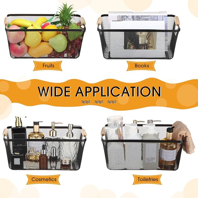 Ziliny 4 Pcs Metal Mesh Wire Baskets with Wooden Handles for Organizing, Pantry Organizers and Storage Steel Bin Kitchen Baskets for Fruit Potato Onion Snacks Bathroom Cabinet(Large,Black)