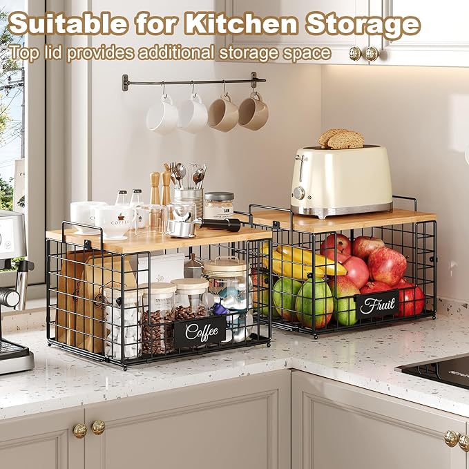 2 PACK XXL Potato and Onion Storage Bins, Pantry Organizers and Storage | Stackable Wire Baskets with Wooden Tops & Tags, Kitchen Counter Organizers Bins for Potato, Onion, Fruit, Vegetable, Garlic