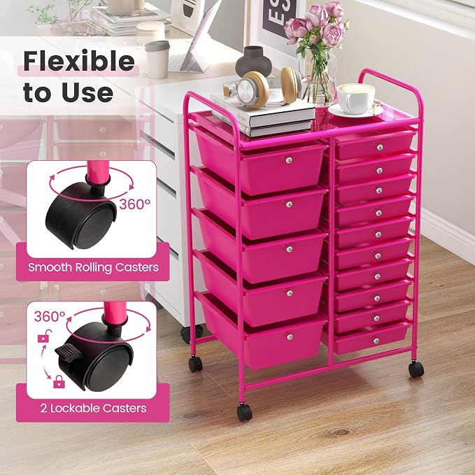 DREAMADE Rolling Cart with 15 Drawers, Rolling Drawer Organizer Cart w/Lockable Wheels, Removable & 2-Sized Storage Drawers, Art Cart for School Home Art Supplies Crafts File Scrapbook