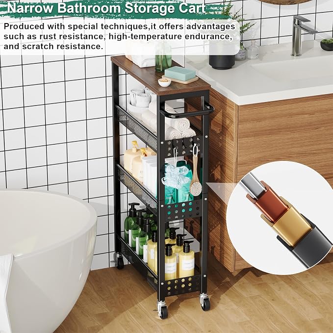 Utility Slim Storage Cart, Skinny Rolling Spice Rack with Table Top, Small Laundry Organizers and Storage Shelves for Between Washer and Dryer, Thin Shelf for Narrow Spaces, 4 Tier Bathroom Cabinet