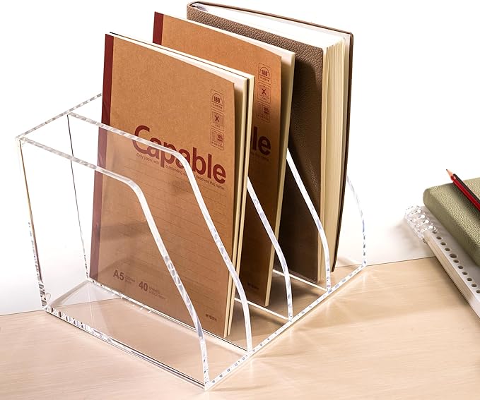 Acrylic File Folder Holder for Desk with Handles, 4-Slot Clear Desk Organizers and Accessories, Vertical Magazine File Sorter & Binder Holder, Desktop Book Organizer for Office, School & Home