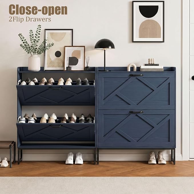 Nicetree Shoe Cabinet Storage for Entryway, Slim Shoe Storage Cabient with 2 Flip Drawers, Narrow Vertical Shoe Rack Cabinet with Metal Hooks, Small Space Solution for Hallway, Blue