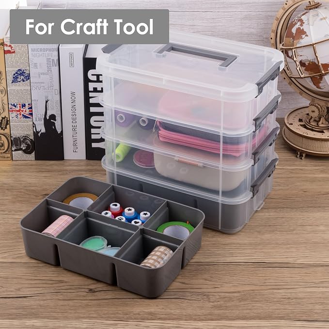 CraftGenes Craft Organizers and Storage, 4-Tier 10 Qt Box, 2 Trays, Grey | Clear Compartments; Dual Removable Inserts; Carry Handle; Side Latches; Beads, Ribbon, Stamps, Scrapbook Pieces, DIY Tools