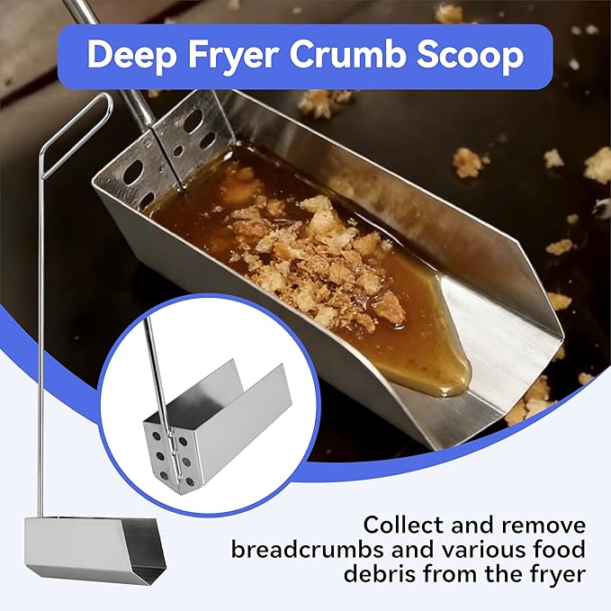 Deep Fryer Strainer Crumb Scoop 750°F Heat-Resistant V-Shaped Fryer Cleaner Food Crumb Cleaning Tool for Commercial Fryers Long Handle with Drain Holes for Oil Filtration 2 PCS