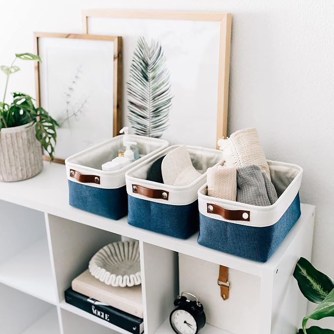 OrganiHaus 12x8in Canvas Storage Baskets 3 Pack | SMALL Fabric Bins for Shelves | Pantry & Bathroom Organizer | Navy Blue/Off-White