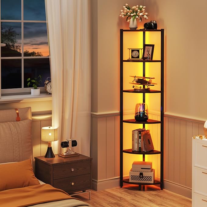 Corner Shelf with LED Lights, 6-Tier Corner Bookshelf, 66'' Organizer Book Shelf Shelves Steel Frame Display Stand with Living Room, Bedroom, Study, Black