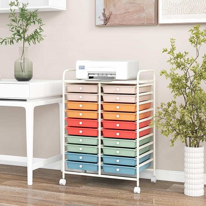 LDAILY 20-Drawer Rolling Storage Cart, Rolling Storage Cart, Storage Organizer on Wheels, Metal Frame, Scrapbook Paper Tools, Suitable for Office School, Classroom (Macaron, 20 Drawer)