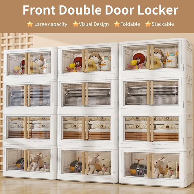 Collapsible Storage Bins with Lids, Wooden Handles 92Qt Large 4 Packs Stackable Storage Bin with Individual Lids, Foldable Storage Cabinet for Home, Office, Dorms