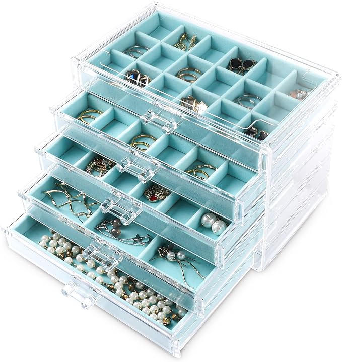 Frebeauty Acrylic Jewelry Organizer Earring Organizer Box with 5 Drawers Earring Holder Organizer with Velvet Trays Clear Jewelry Box for Women Earring Display for Rings Studs(Turquoise) | 61 Jewelry Storage Grid for Rings Studs Bracelet,Velvet Lining,...