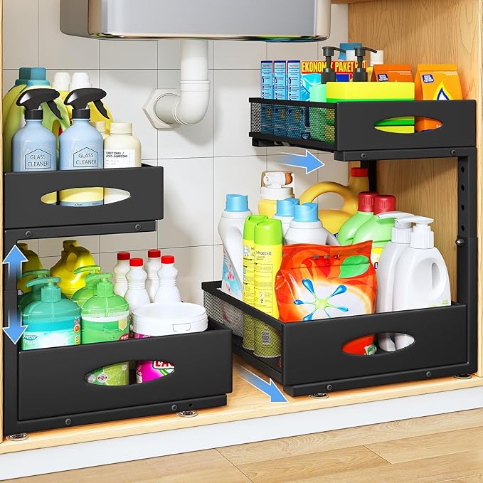 Under Sink Organizer, 2 Pack 2 Tier Pull Out Under Cabinet Organizer Shelf with Pad for Framed Cabinets, Metal Slide Out Under Sink Storage, Mesh Sliding Drawers for Kitchen Bathroom Laundry, Black