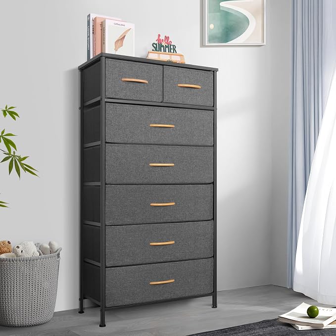 Mifuro Tall Dresser for Bedroom, Vertical Storage Organizer Tower with 7 Drawers, Chest of Drawers with Fabric Bins, Steel Frame, Wood Top for Bedroom, Closet, Entryway- Grey