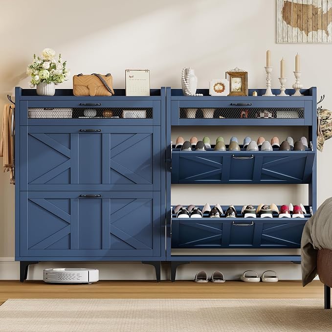 TEENFON Shoe Cabinet with 2 Flip Drawers & Top Drawer, Farmhouse Narrow Shoe Storage Cabinet with Adjustable Shelves & Hooks, Freestanding Hidden Slim Shoe Rack Cabinet for Entryway, Hallway, Blue